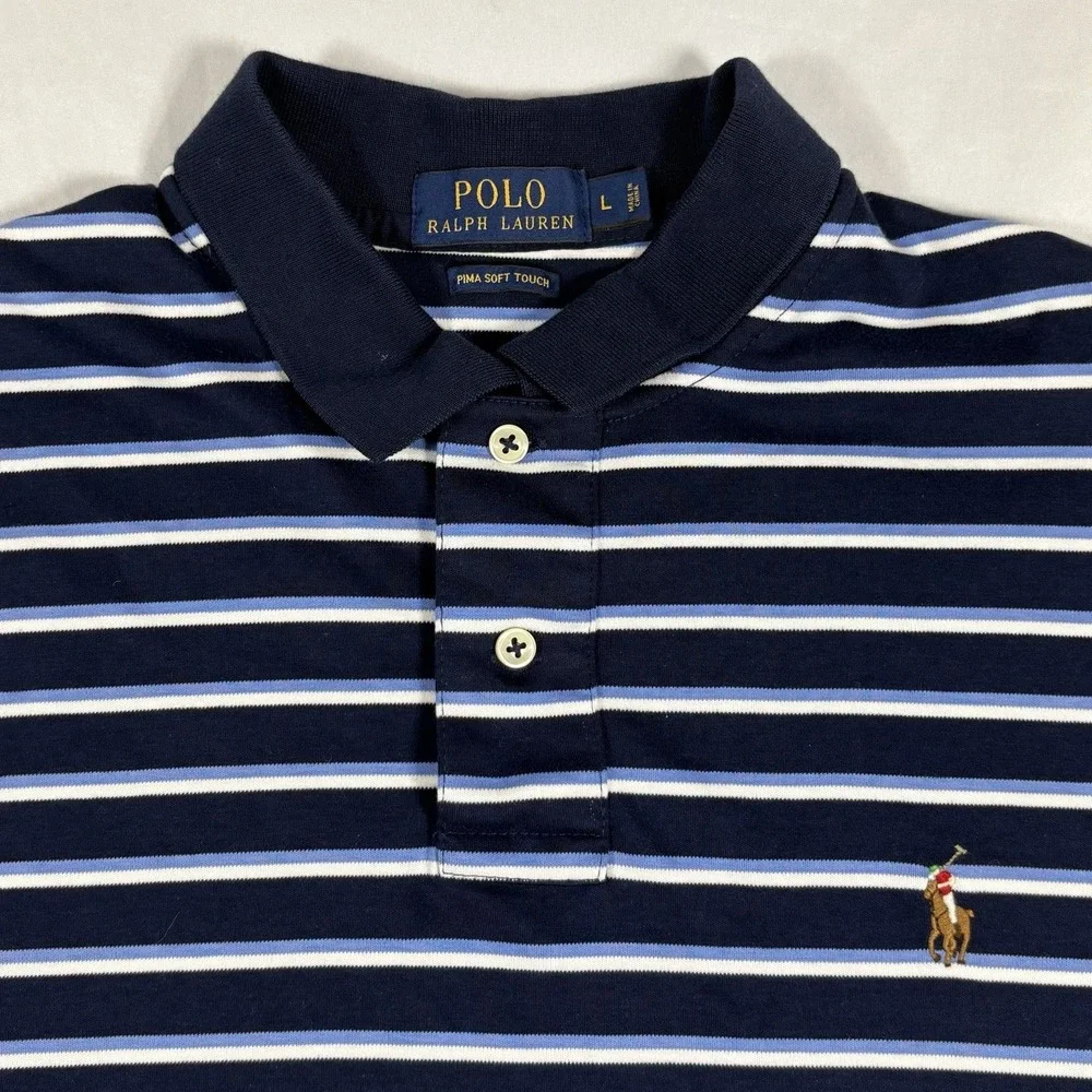 Polo Ralph Lauren Men Shirt Large Pima Soft Touch Preppy Horse Logo Striped Blue - Picture 3 of 9